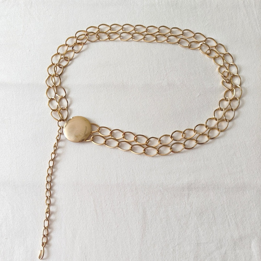 Gold Tone Double Row Metal Chain Belt Round Medallion Adjustable Hook Y2K Chunky